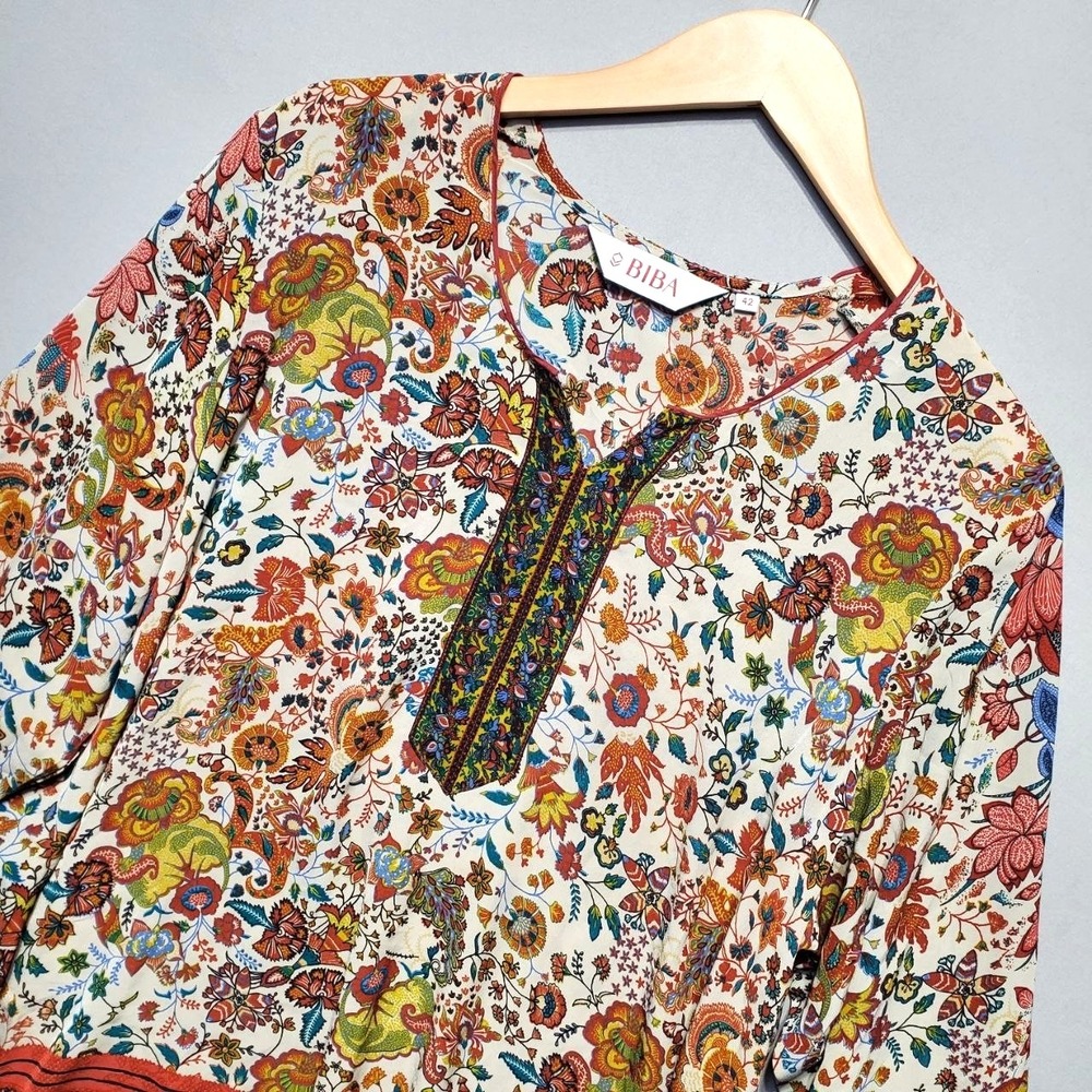 Biba Boho Floral Festival Tunic Top Womens L Border Print Peasant Whimsigoth Y2K